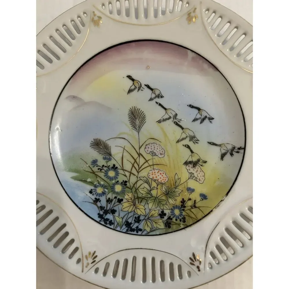 Antique Nippon Hand Painted Moriage Reticulated 9” Plate Floral Geese Gold Gilde